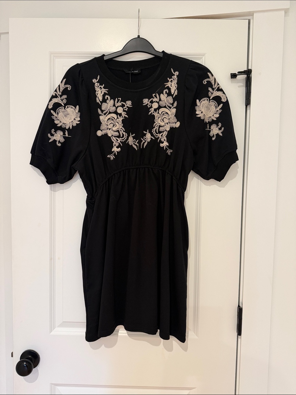 Jacquie The Label NWT Black Mini Dress with Cream Floral Embroidery Accents